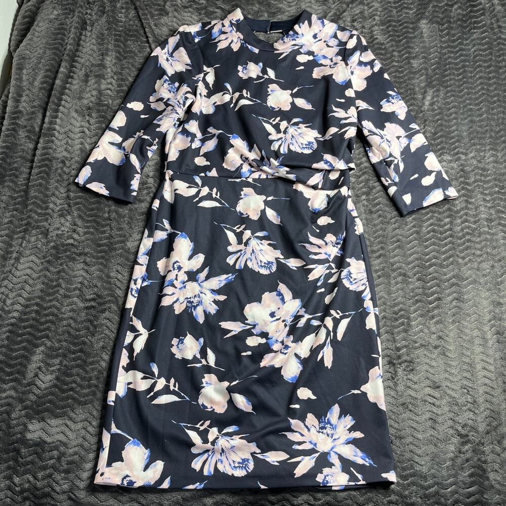 Eliza J Dress Womens Size 14 Blue Floral Mock Neck Shift Cutout Back